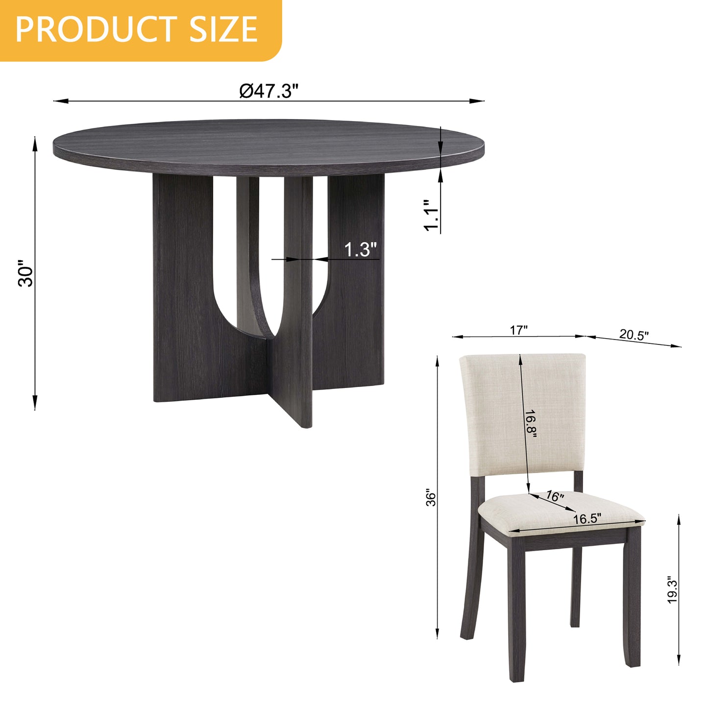 47.3" Round Dining Table Set with 4 Upholstered Chairs - Antique Black & Beige