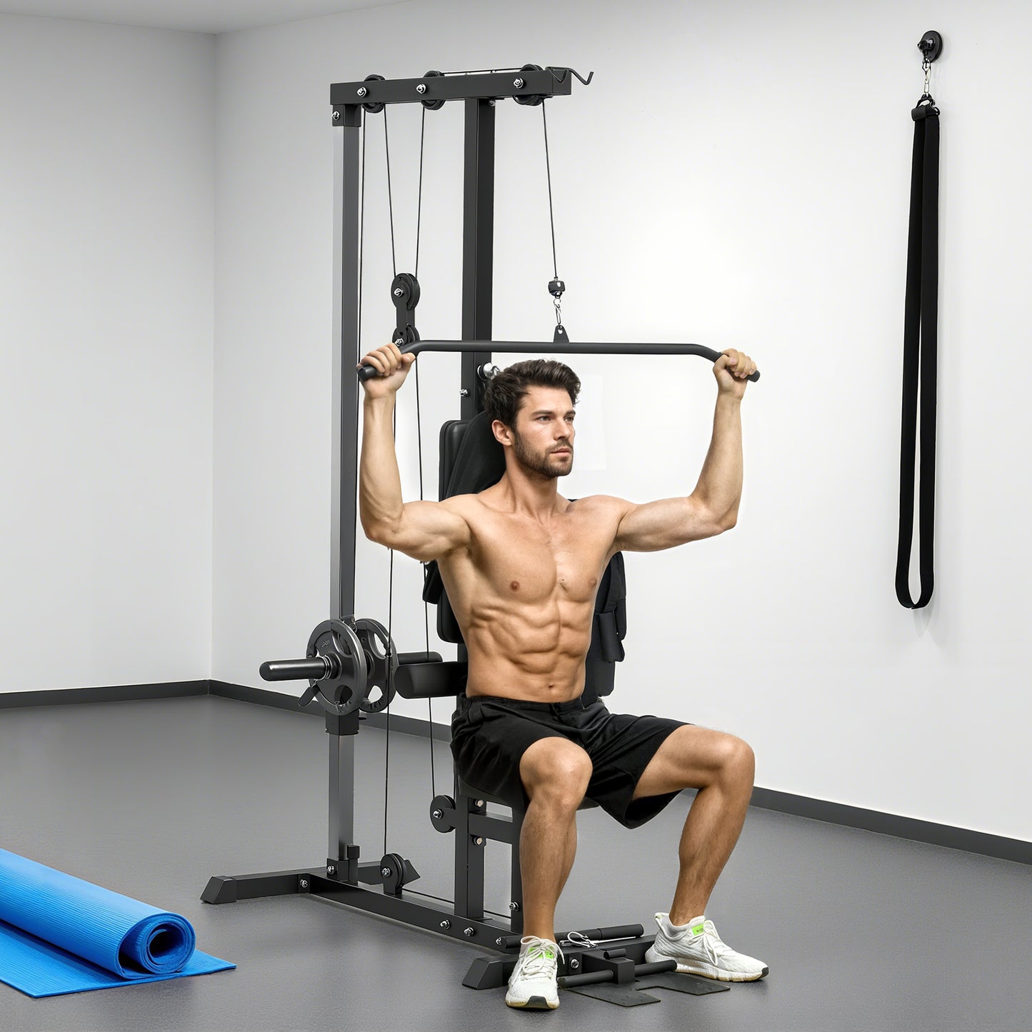 Lat Pull Down Machine with Adjustable Seat & Low Pulley - Black
