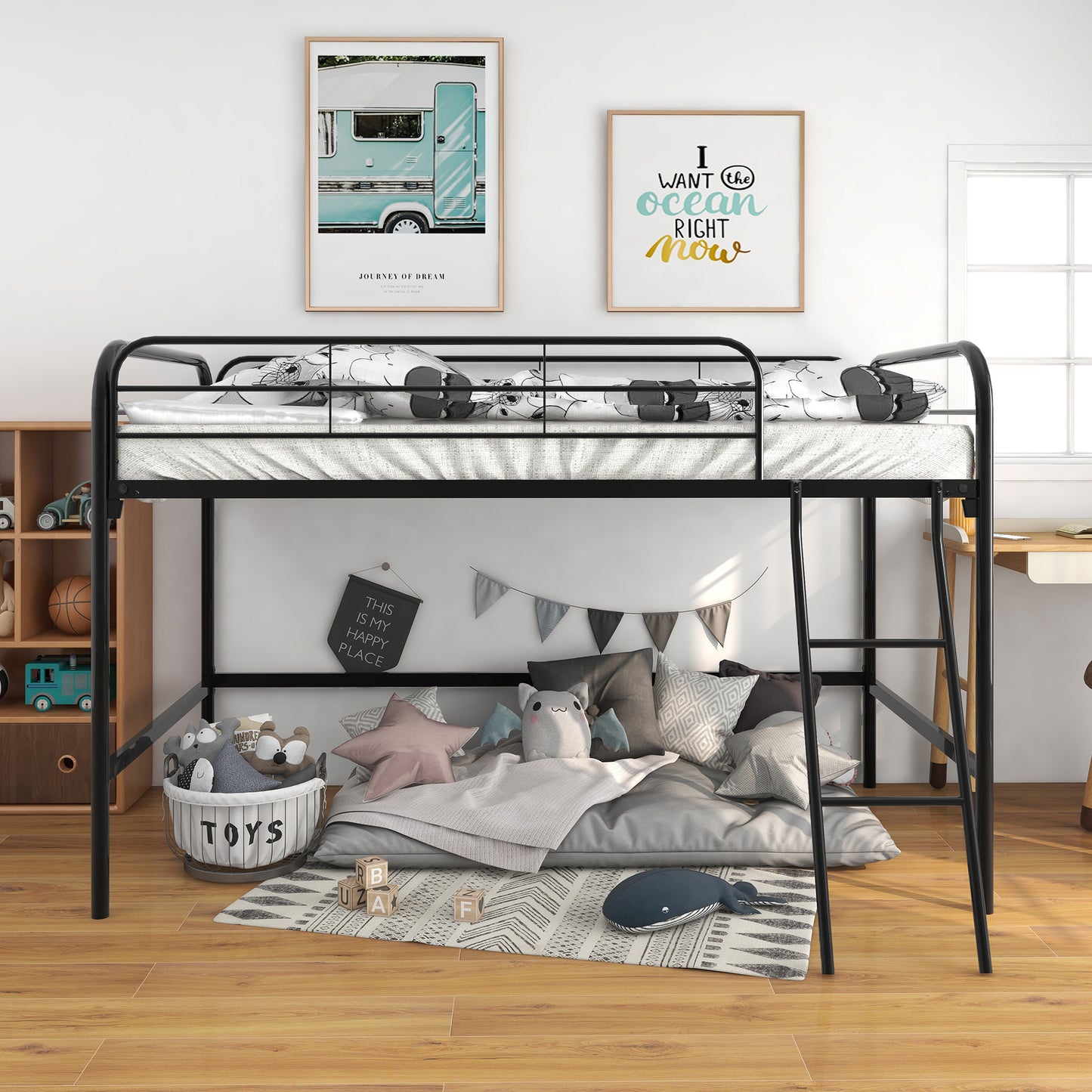 Twin Size Metal Loft Bed - Black with Full-Length Guardrails