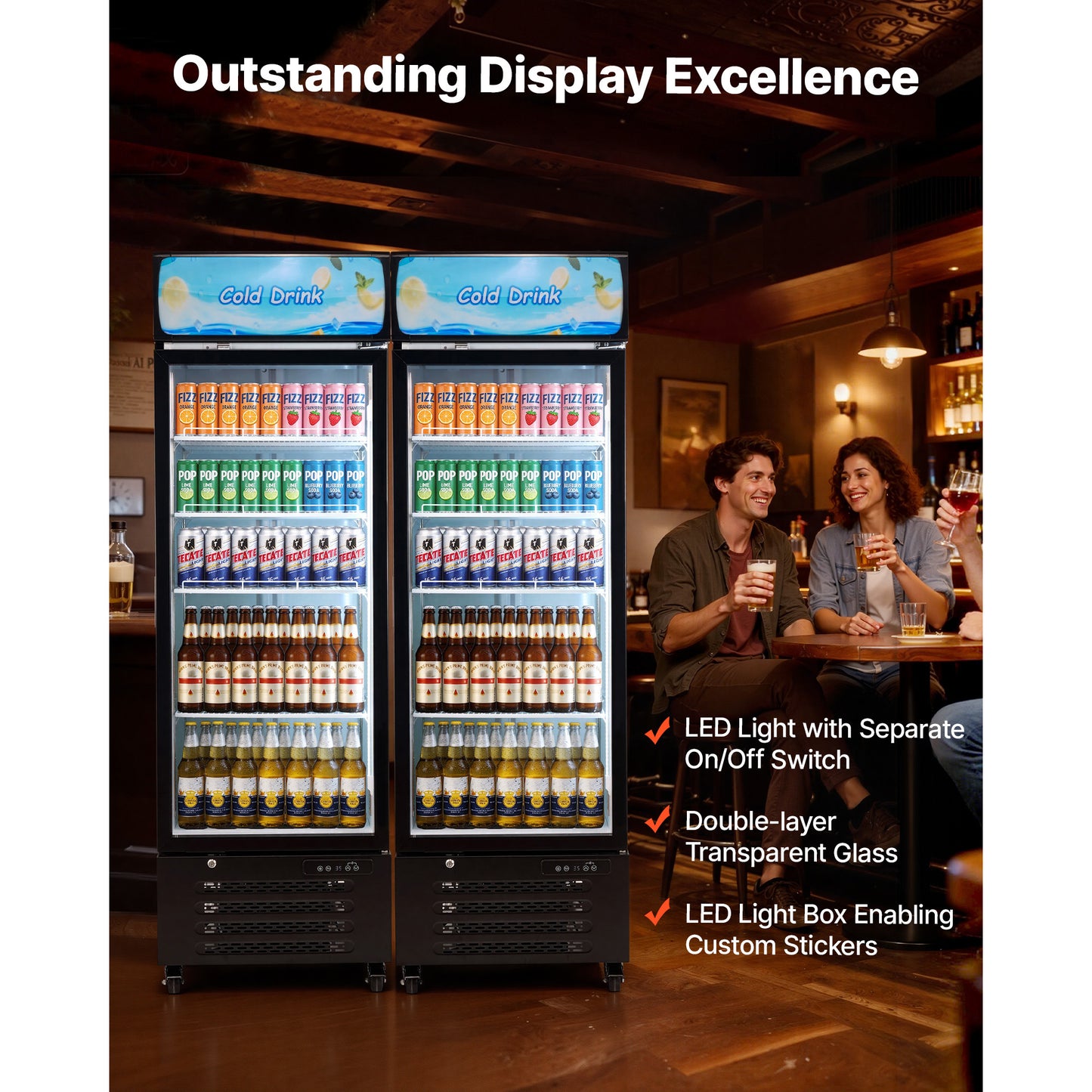 15.9 Cu.Ft Glass Door Commercial Refrigerator with Adjustable Shelves & LED Lighting