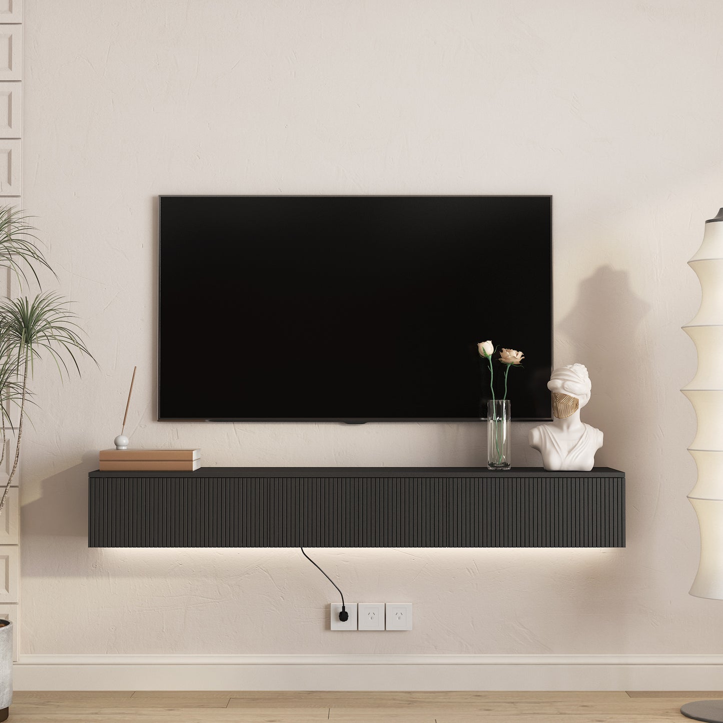Floating TV Stand Wall Mounted with 16 Color LEDs - Black