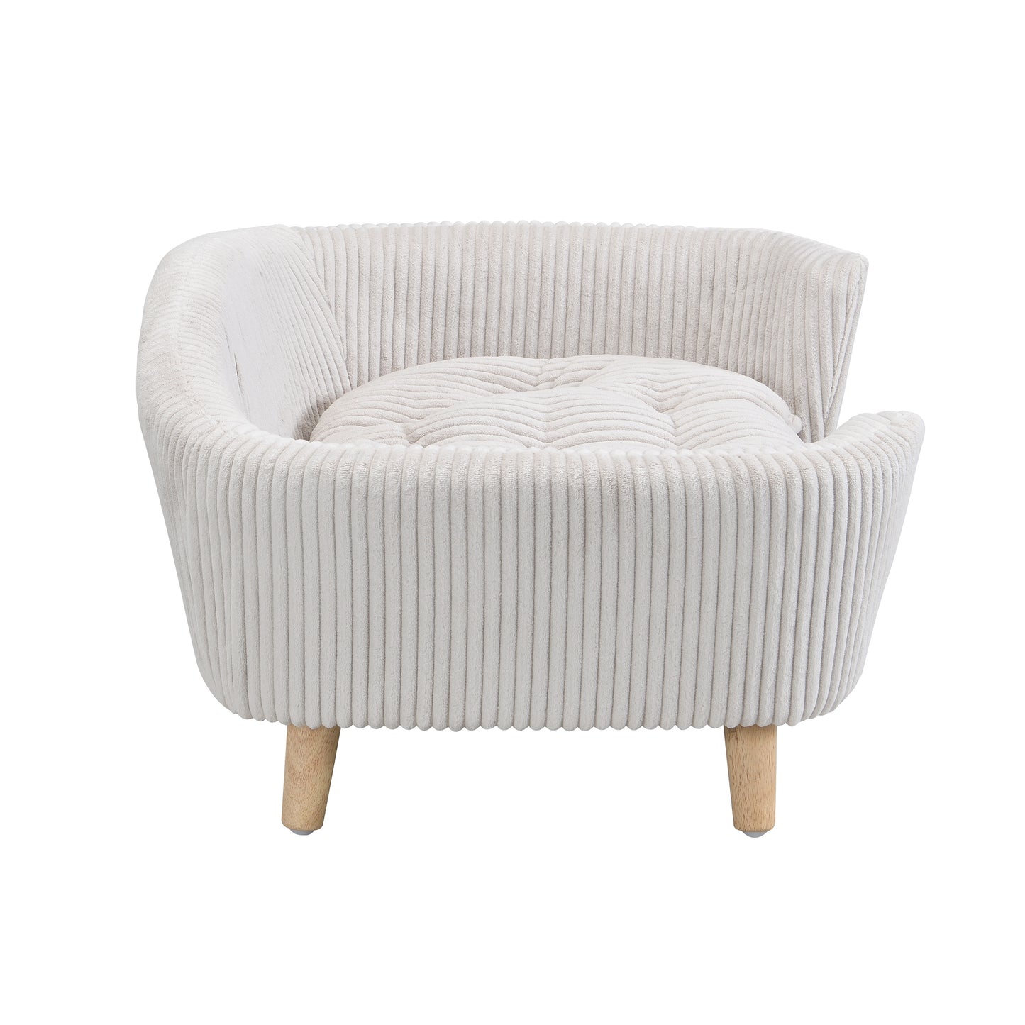 Small Dog Elevated Bed Frame with Corduroy Cushion & Rubber Wood Legs - Beige