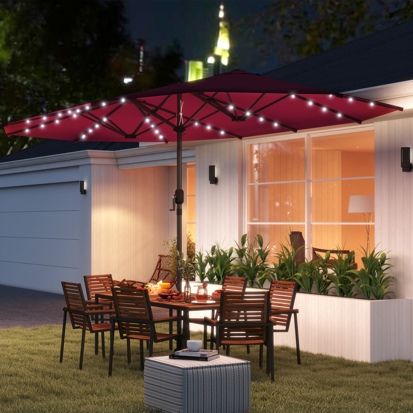Double-Sided Patio Parasol with LED Solar Lights - Wine Red