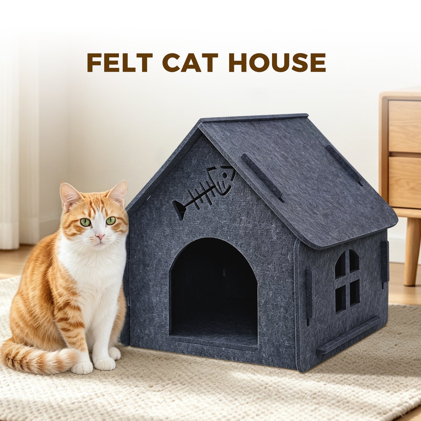 Detachable Felt Cat House - Cozy Cottage Style Cat Shelter for Small & Medium Cats