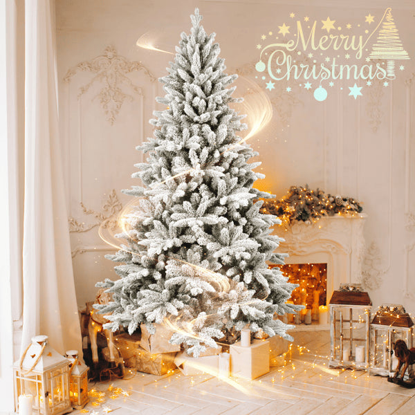 7ft Snowy Flocked Christmas Tree with 1514 Tips - Full Artificial Holiday Decor