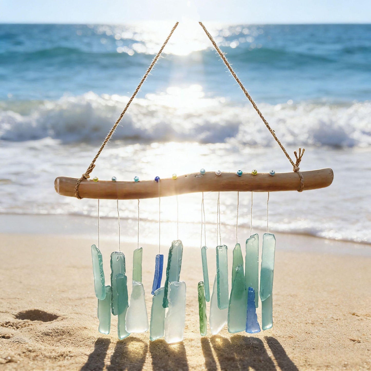 Handmade Sea Glass and Driftwood Wind Chime for Garden Decor