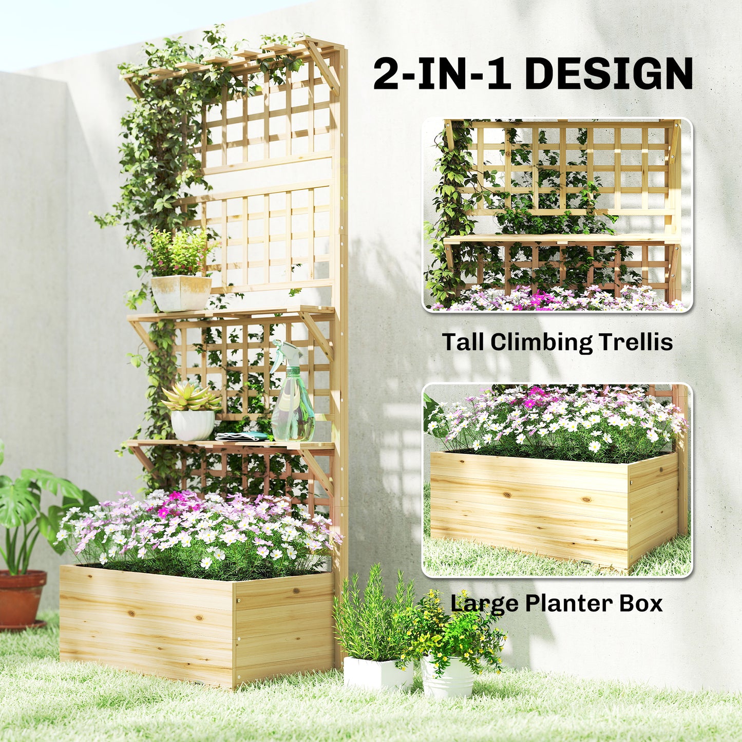 Wooden Raised Garden Bed with Trellis and Roof - Natural Wood, 850x380x260 mm