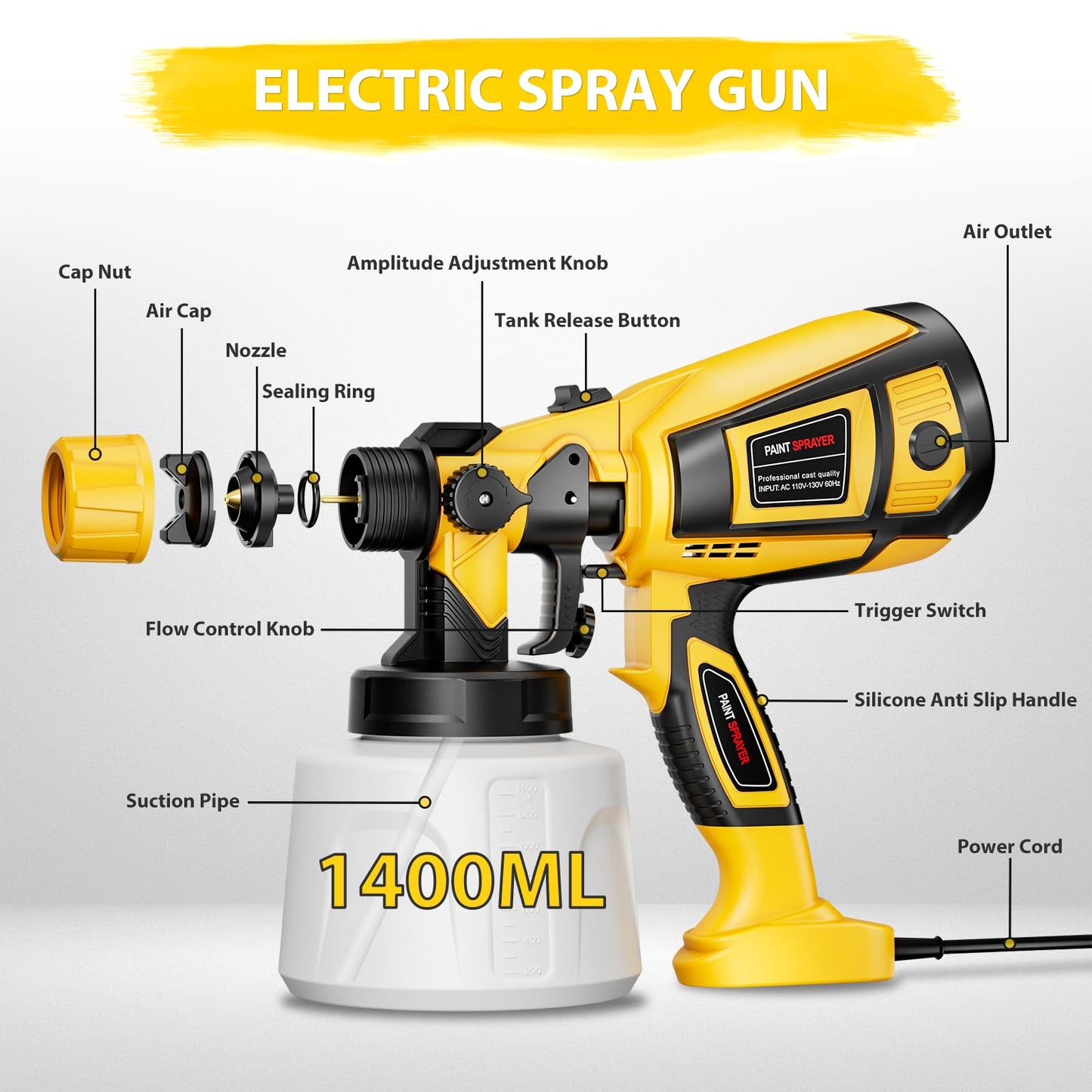 1000W HVLP Electric Spray Gun for House Furniture Cabinets Walls Fences - Yellow