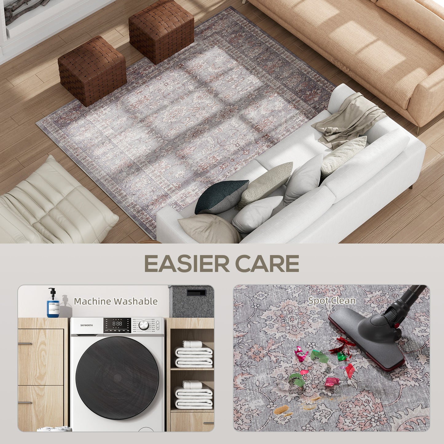 Machine Washable Floral Area Rug 4x6 - Grey & Brown