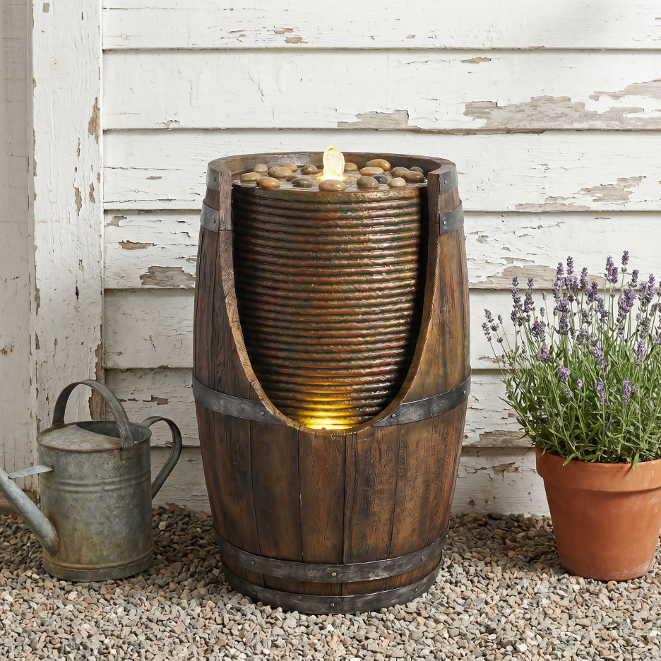 Outdoor Water Fountain with Lights Rustic Wood Look Resin Garden Decor for Patio Yard