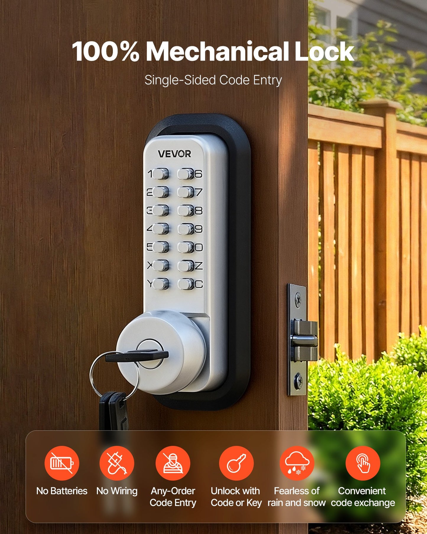 Mechanical Keyless Door Lock for Garden Gates - 4-7 Digit Code, Auto Lock, Black