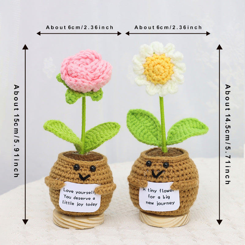 Mini Crochet Potted Flower Decor Assorted Rose & Heart with Inspirational Cards