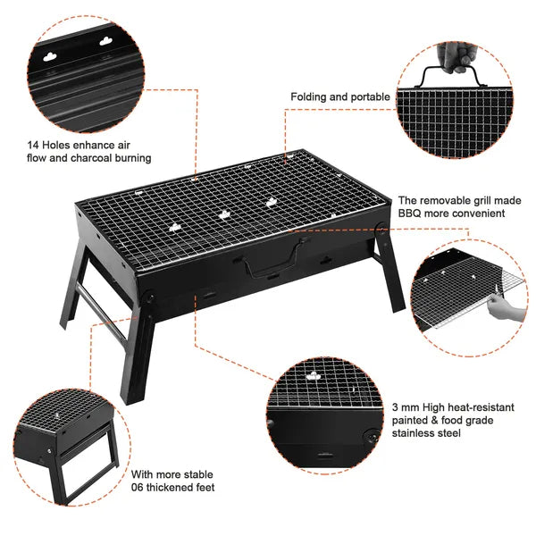 Portable Foldable Charcoal Grill for Camping & Picnics - Black