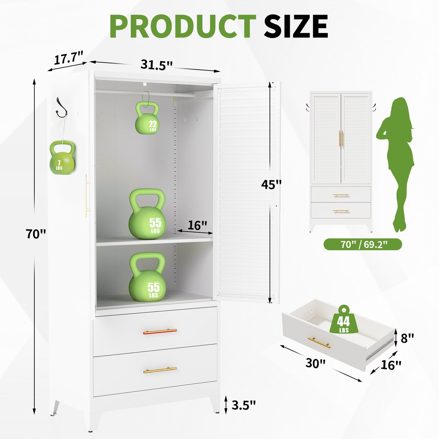 White Metal Wardrobe Closet With 2 Doors And Drawers, 71inTall