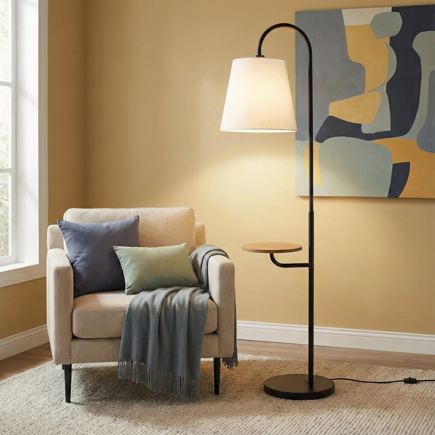 Seoul Black Floor Lamp With Rotary Switch Wood Table Metal Base