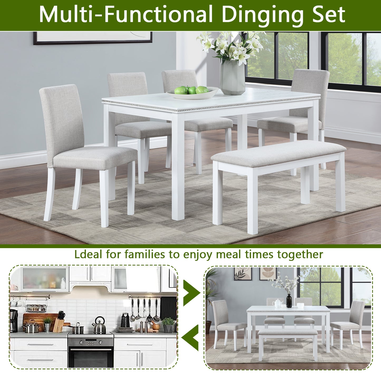 6-Piece Wooden Dining Table Set with 4 Chairs & Bench - White