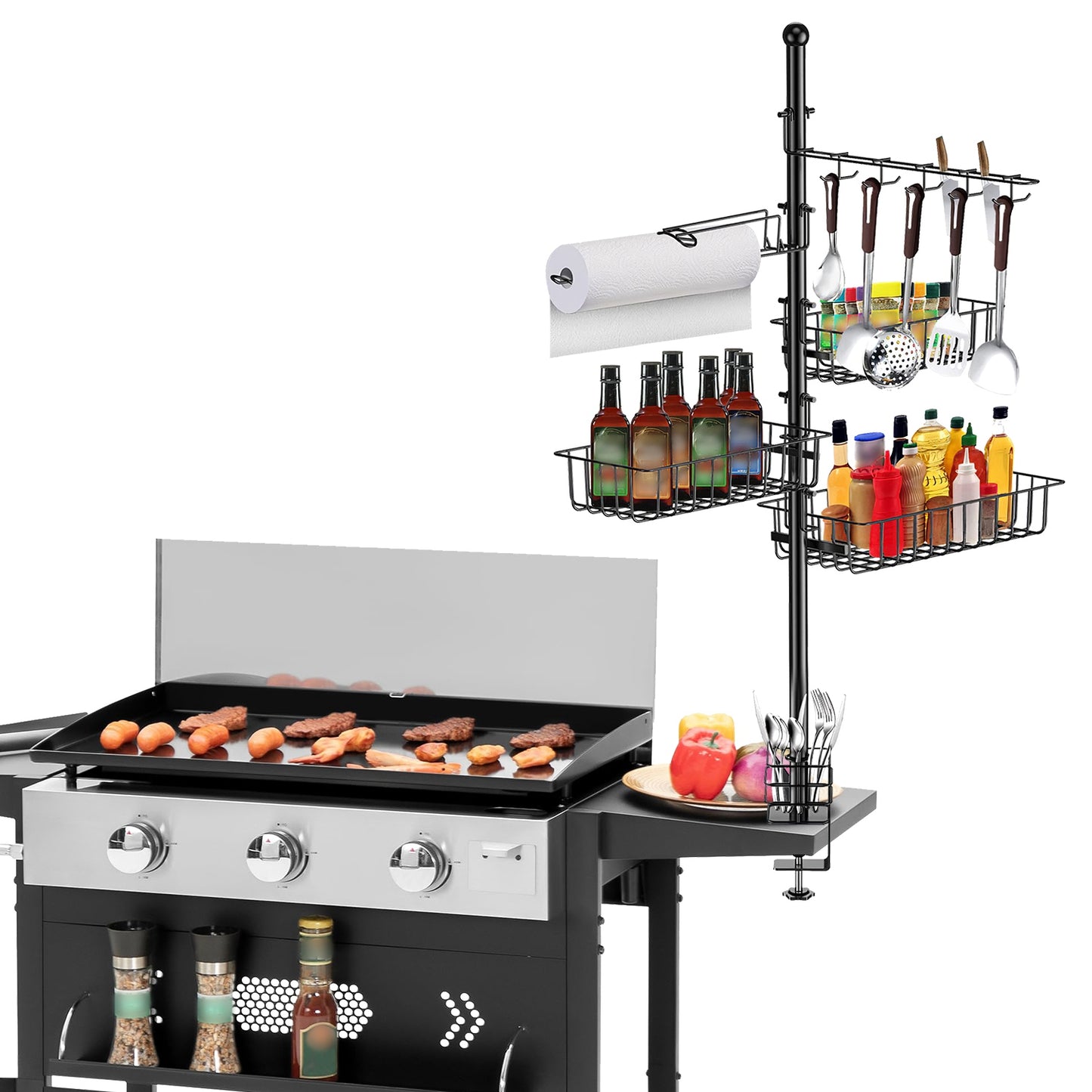 BBQ Storage Caddy with Large Capacity Baskets, Tool Hooks & Paper Towel Holder
