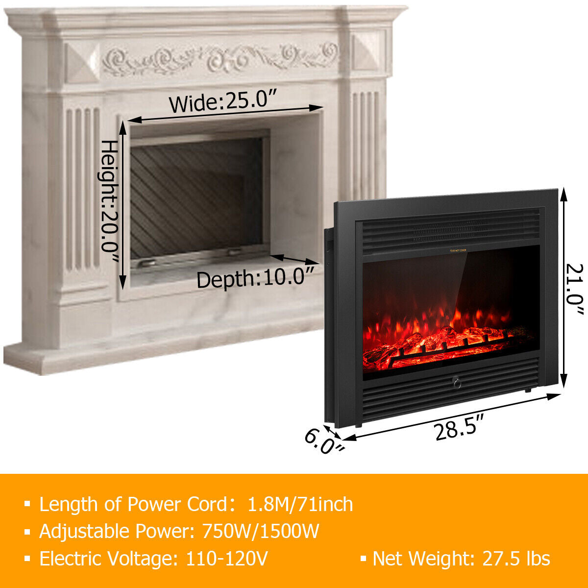 28.5-Inch Recessed Electric Fireplace with 3 Flame Colors