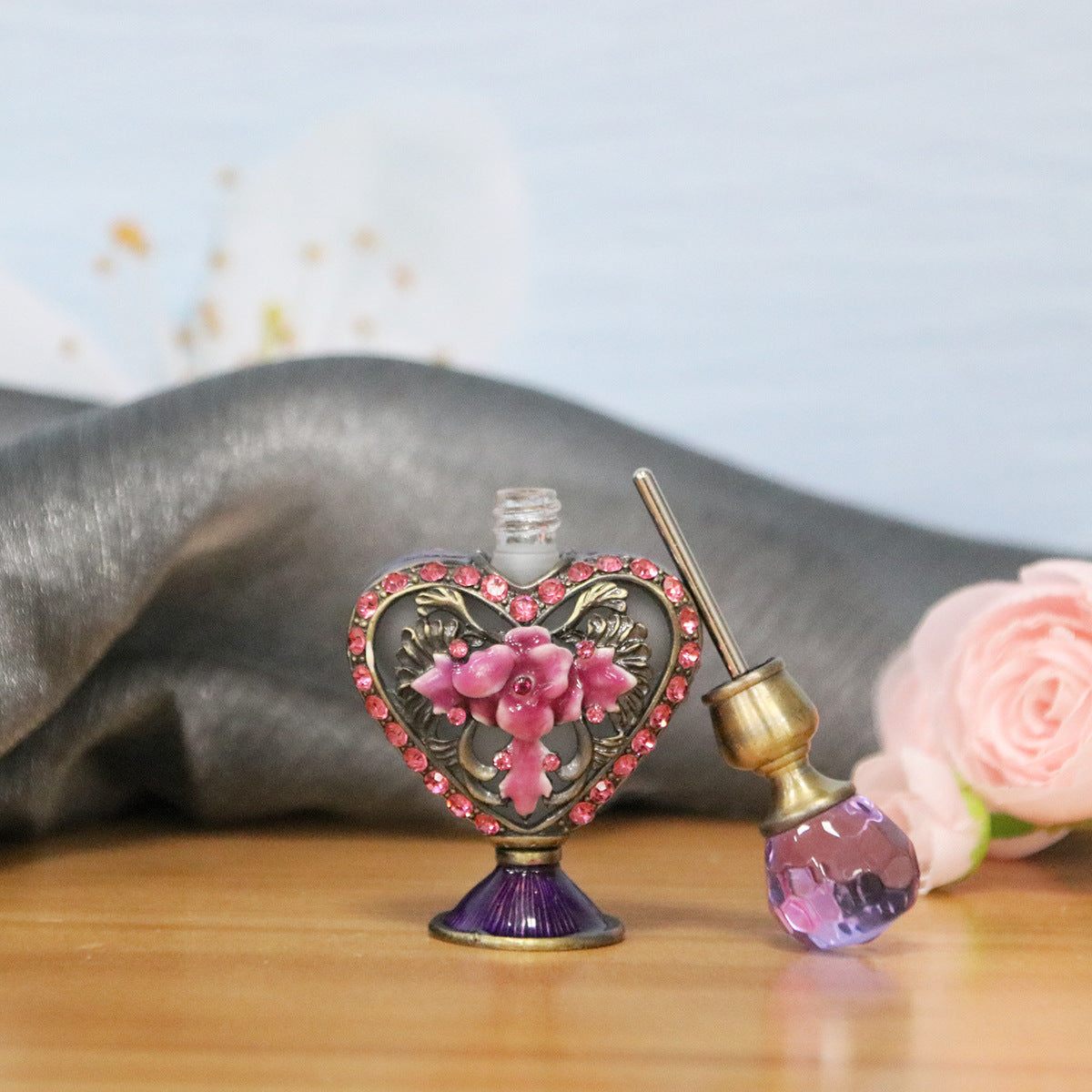 Heart-Shaped Mini Perfume Bottle with Rhinestones, 4ml - Purple & Light Purple Variants