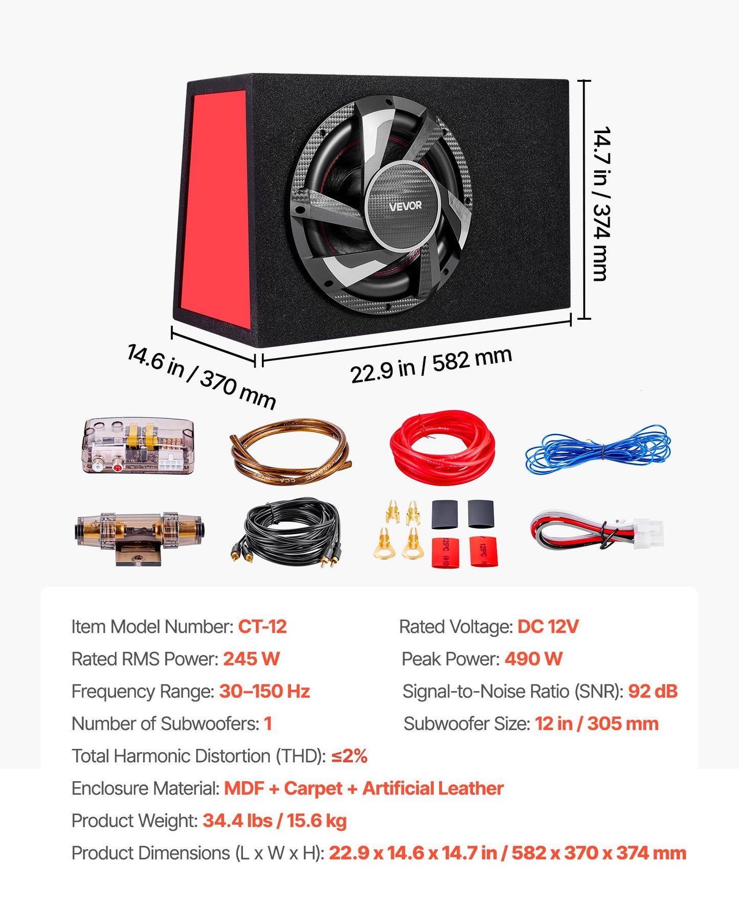 12-Inch Car Subwoofer and Amplifier Package with Enclosure - Black