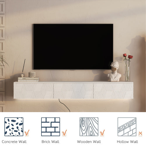 Floating TV Stand with 16 Color LEDs - Wall Mounted Entertainment Center for 55-65 Inch TVs - White