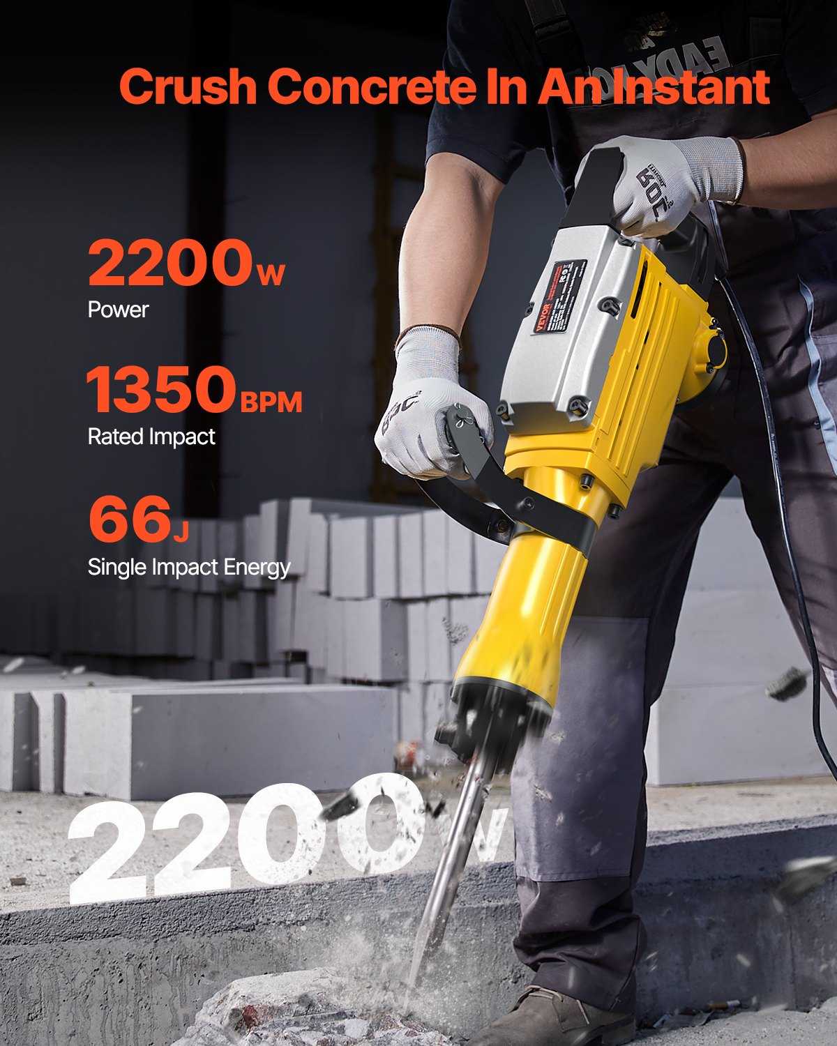 2200W Electric Demolition Jack Hammer with 2 Chisel Bits - Yellow