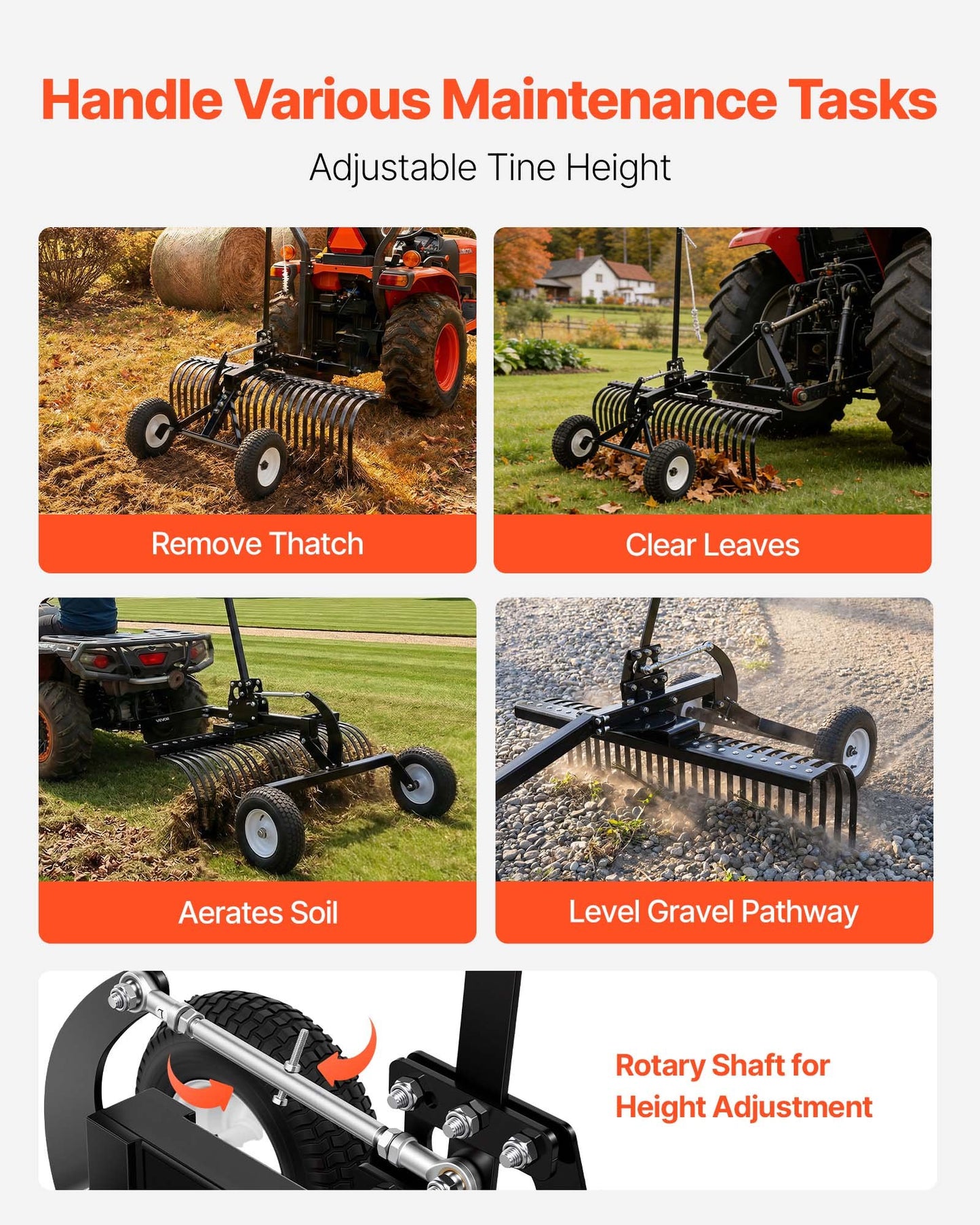 48-Inch Tow Behind Landscape Rake for ATV Tractors - Heavy Duty Steel Tines, Adjustable Height & Angle
