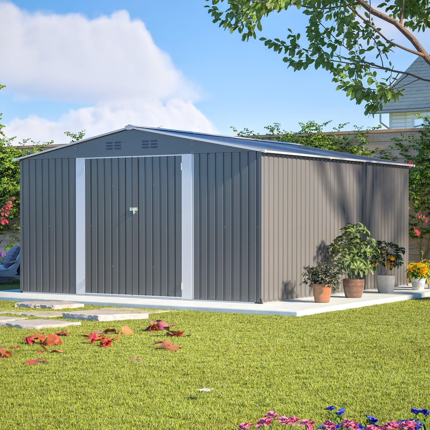 12x14 ft Outdoor Metal Storage Shed - Waterproof Garden Tool Shed