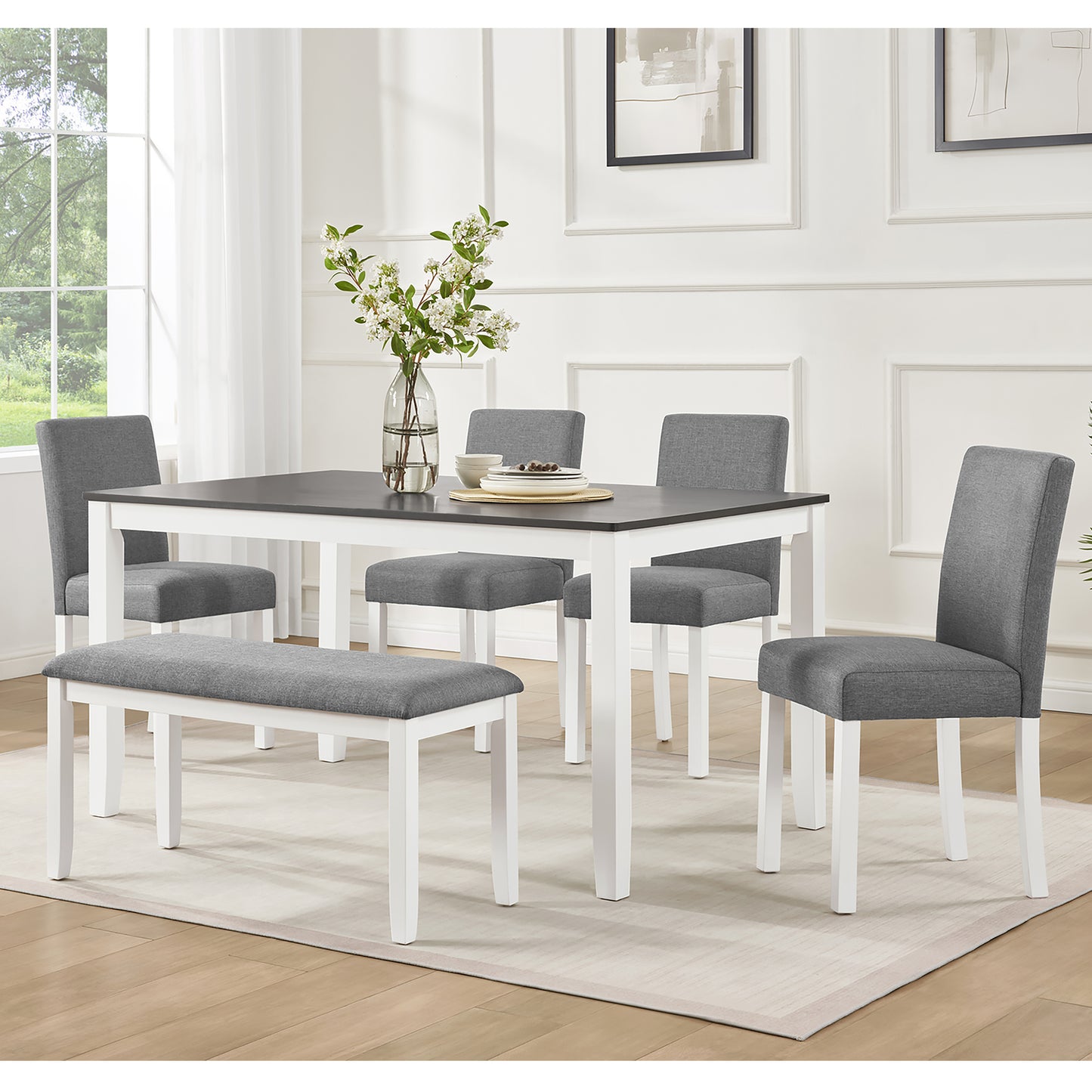 6-Piece Wooden Dining Table Set with Bench & Chairs - Grey/White