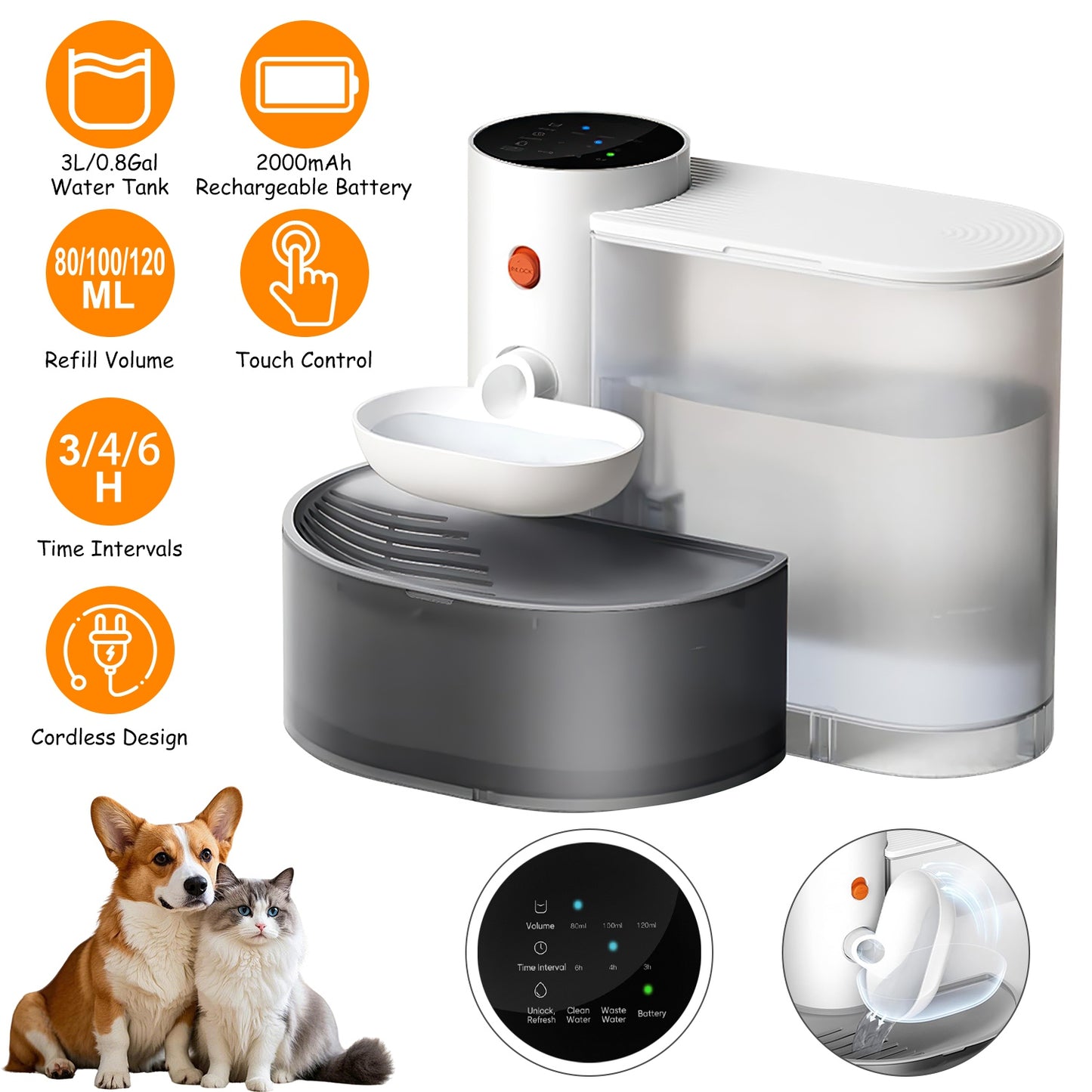 Automatic Pet Water Fountain 3L Rechargeable Cat & Small Dog Dispenser