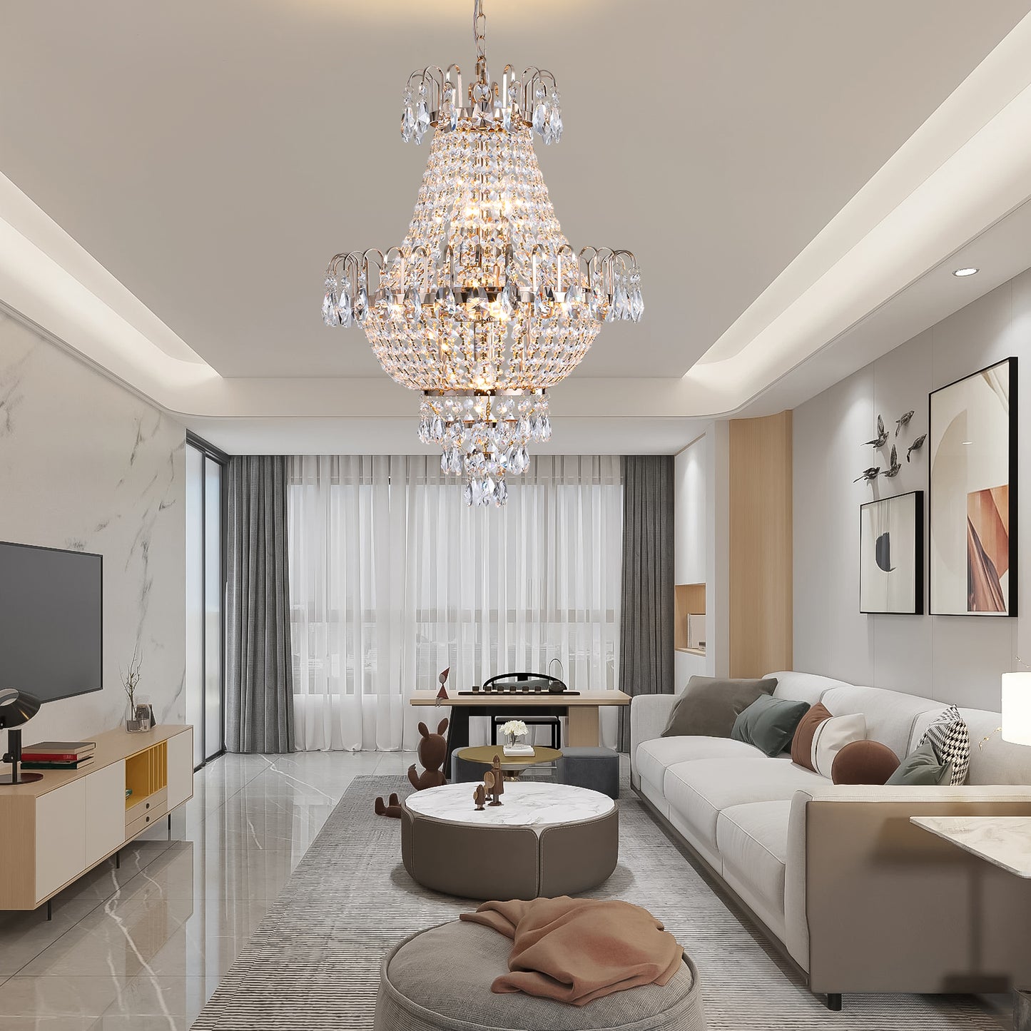 Large Gold Crystal Chandelier - Luxury Ceiling Light Fixture