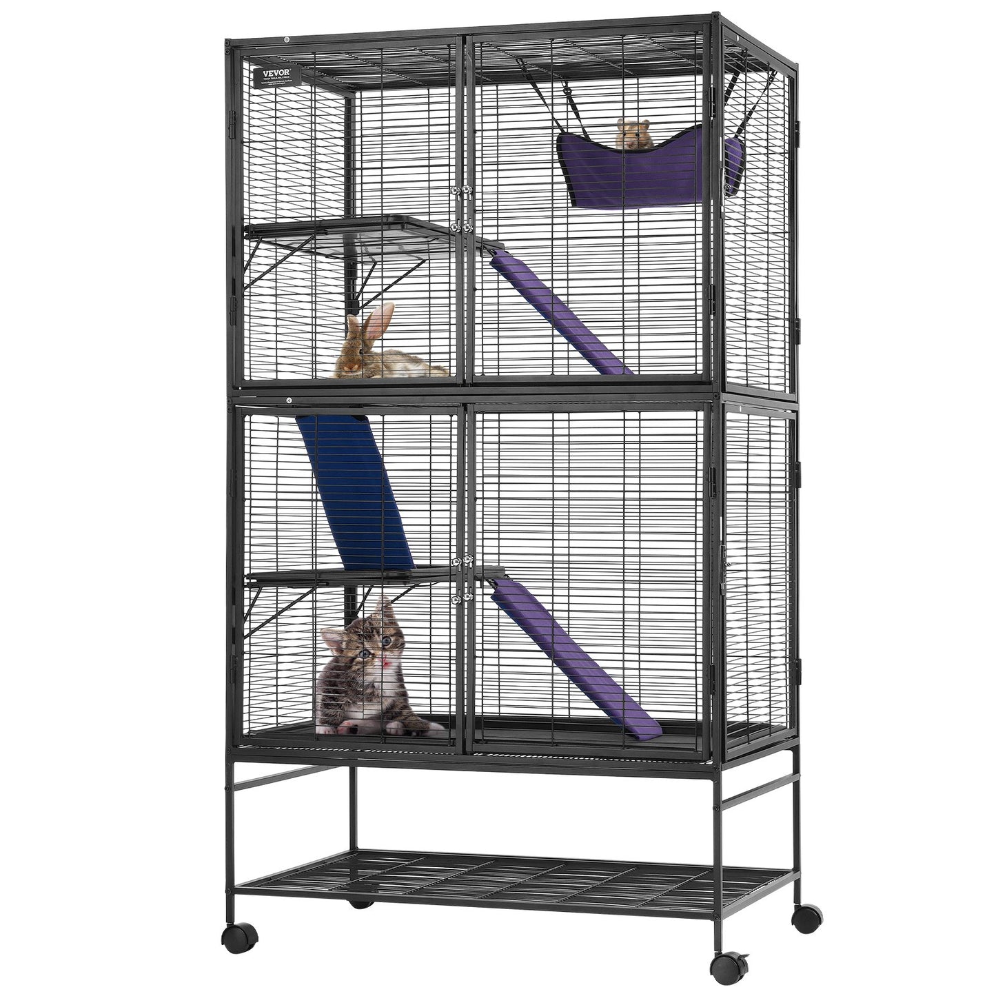 Small Animal Cage 4-Tier Metal Ferret Enclosure with Ramps and Tray - Black