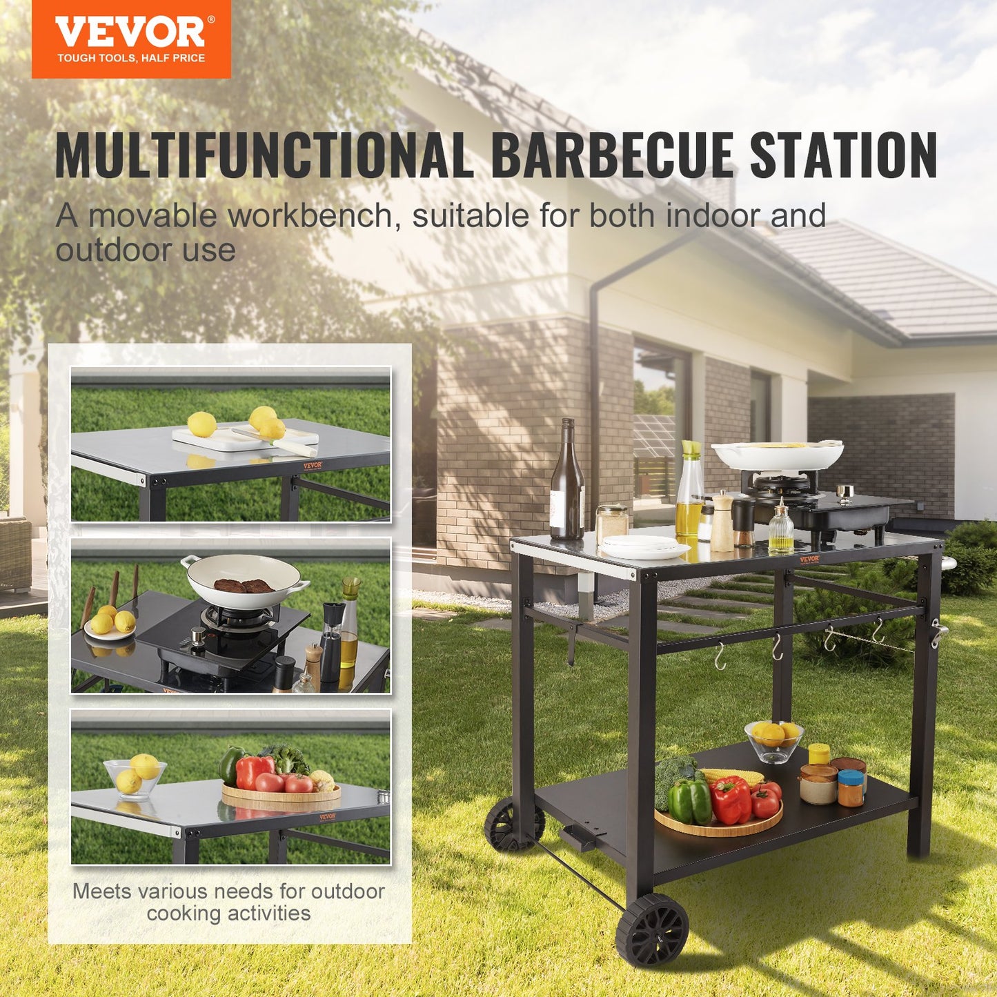 Portable BBQ Food Prep Table with Double Shelves - Black