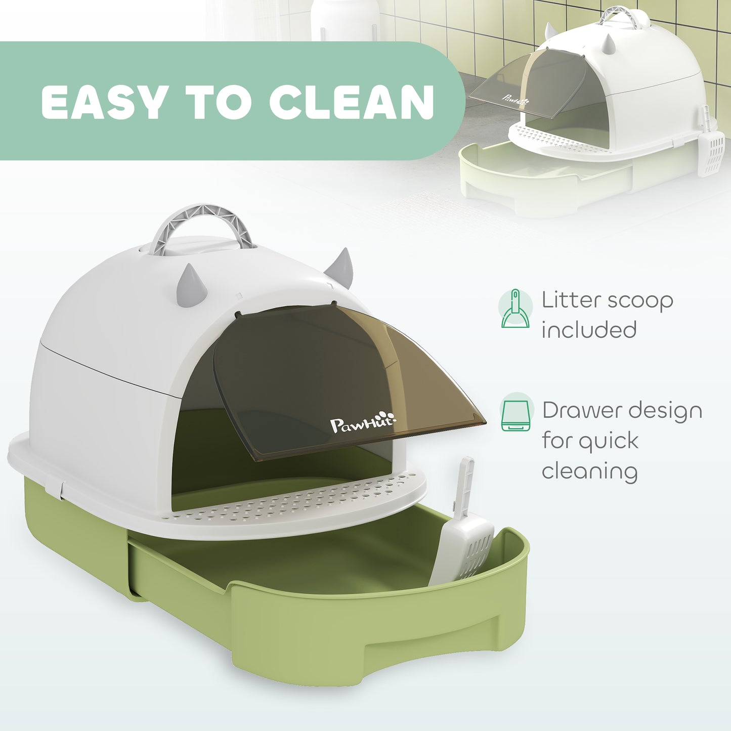 Covered Cat Litter Box with Lid, Scoop & Deodorizing Bags - Green, 410x180x520mm