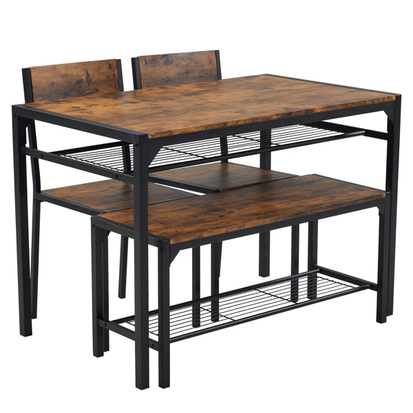 Dining Table Set for 4 - Rustic Brown Kitchen Table with 2 Chairs and Bench