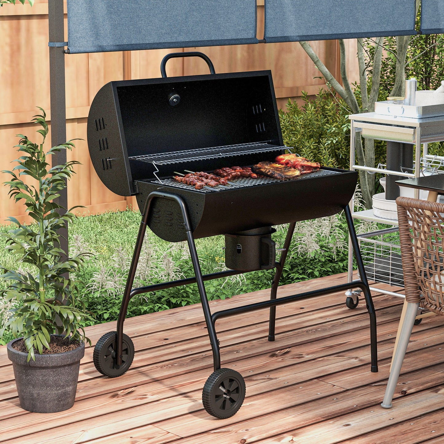 Charcoal Barrel BBQ Grill with Ash Catcher & Wheels - Black