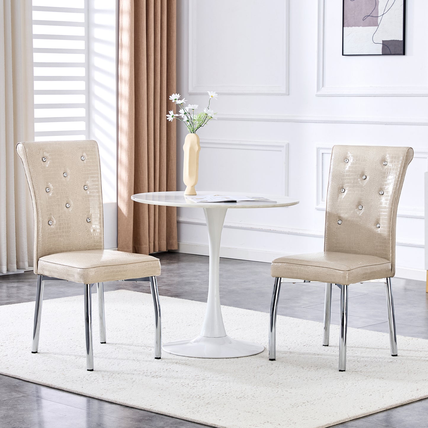 Set of 2 Beige and Silver Vintage Crocodile Leather Dining Chairs