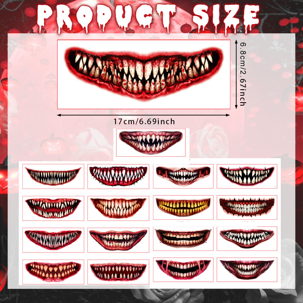 18 Sheets Halloween Temporary Tattoo Stickers - Scary Mouth Designs