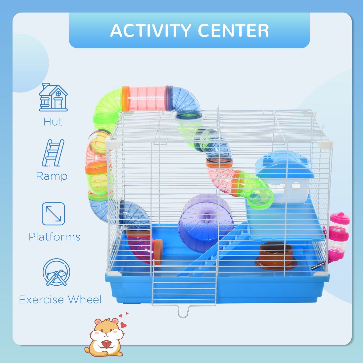Multi-Level Small Animal Hamster Cage with Exercise Wheel Water Bottle & Play Tubes