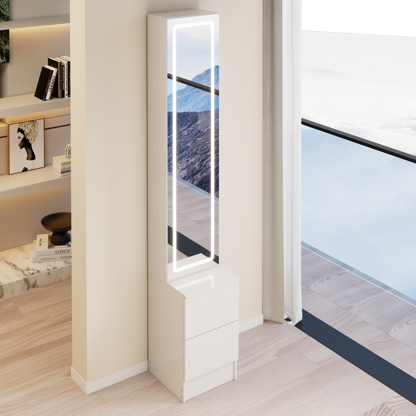 Adjustable LED Dressing Mirror Cabinet - White, Multi-layer Storage
