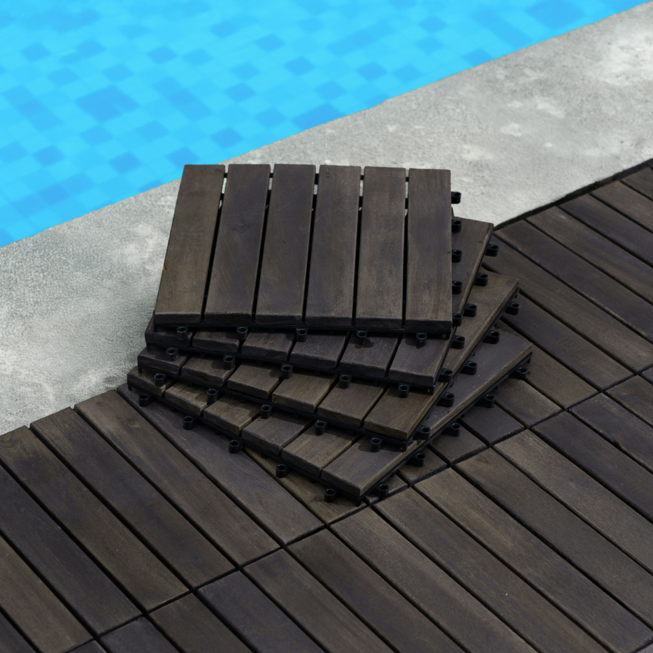 Interlocking Deck Tiles 12x12 Inch Dark Brown Acacia Hardwood Outdoor Flooring - Waterproof & Mold Resistant