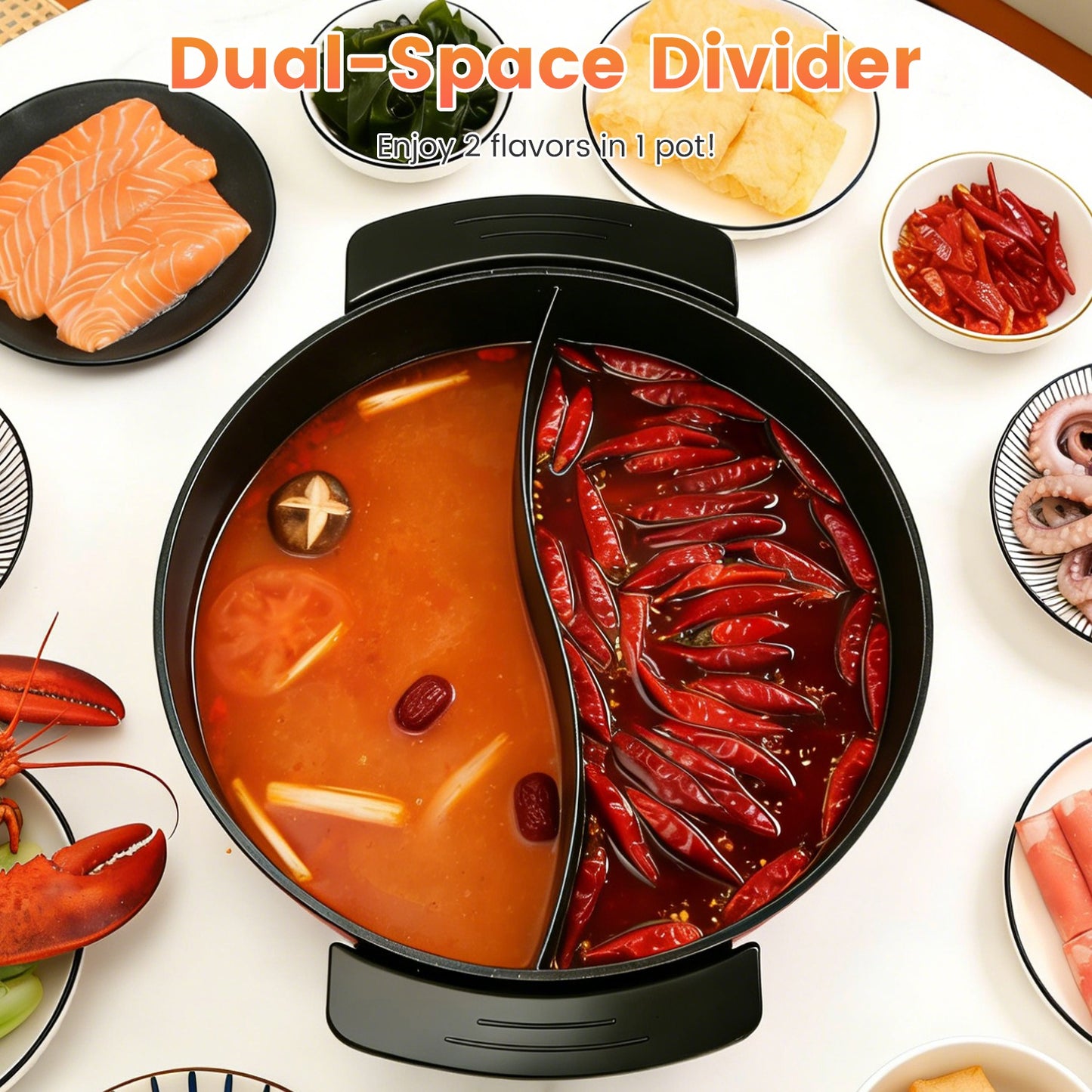 6L Electric Hot Pot with Divider, 1100W, 5-Temp Control, Non-Stick, Black
