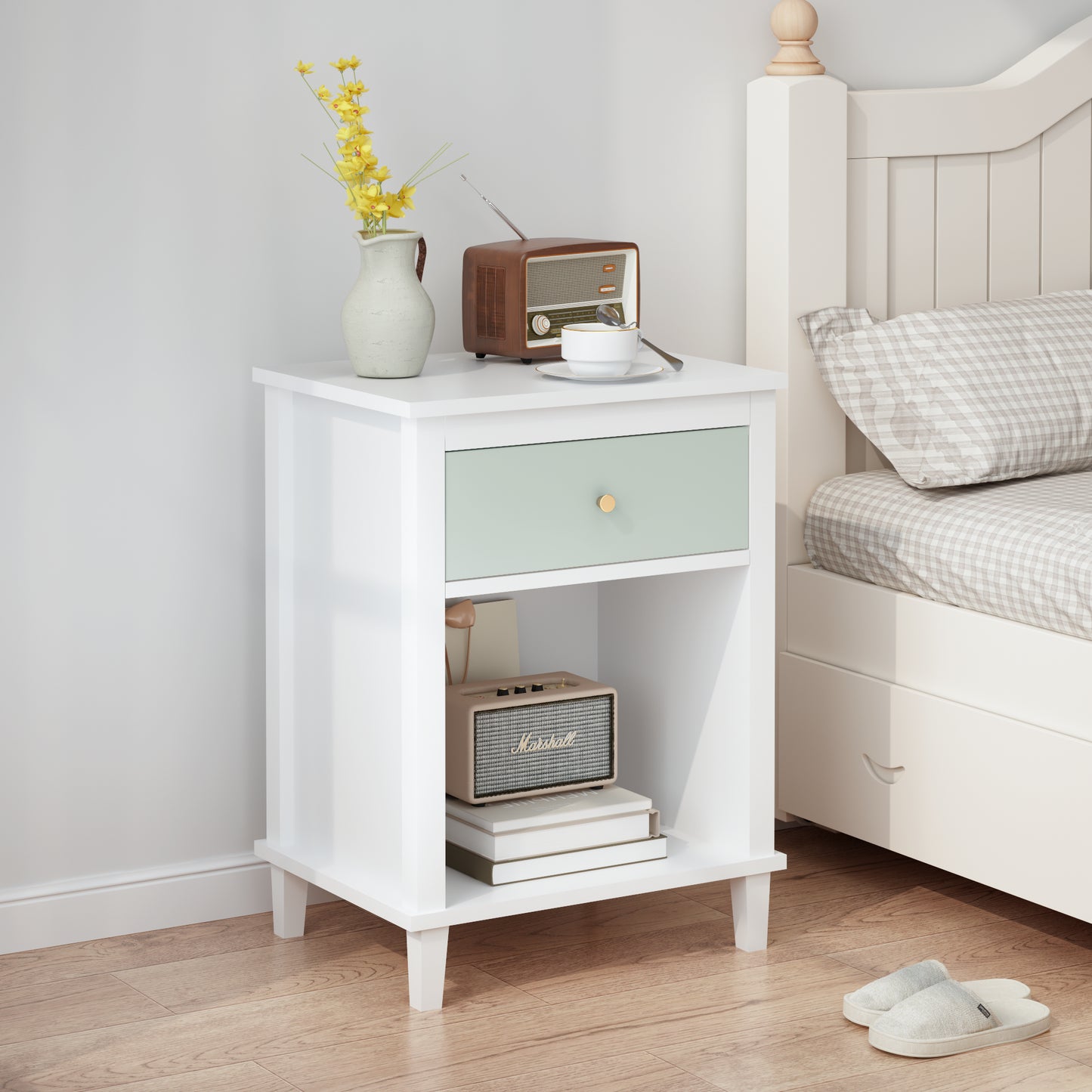 Wooden Nightstand with Drawer and Shelf - White & Green