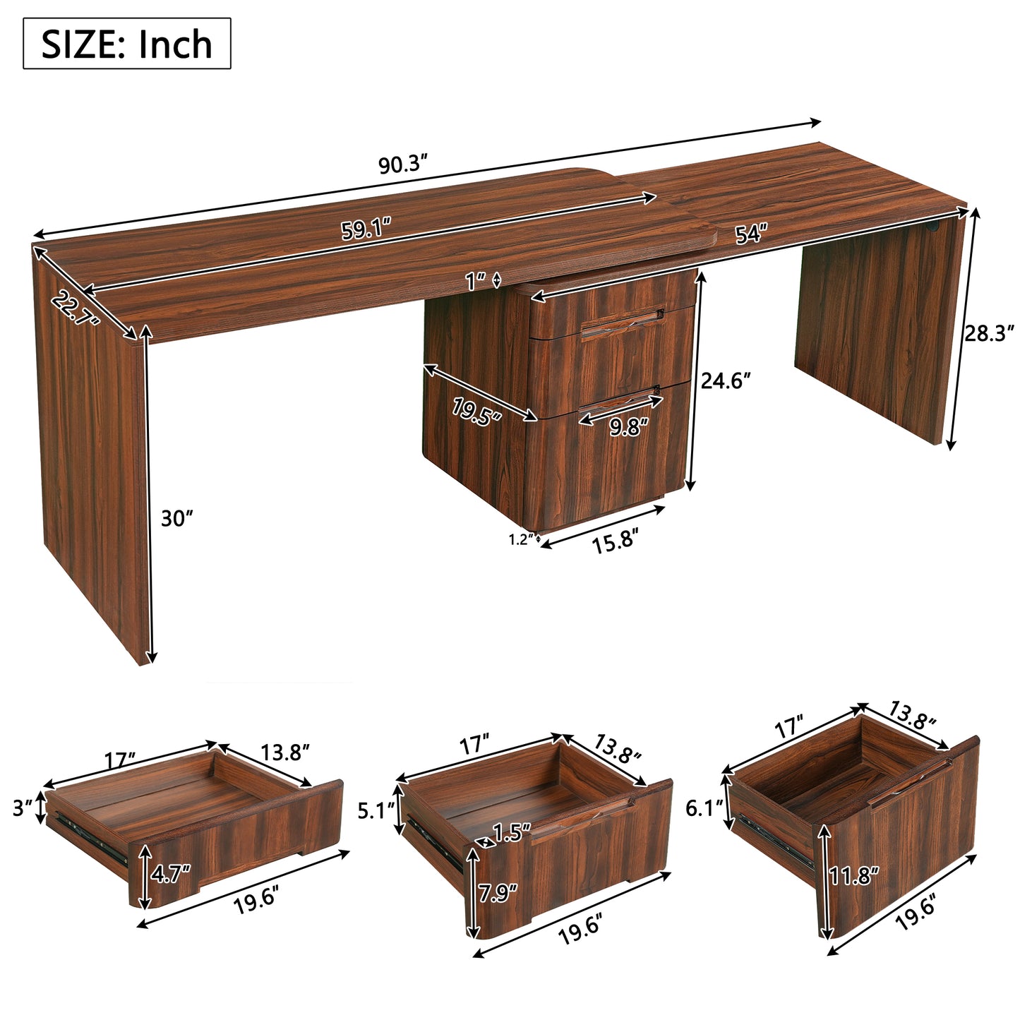 90 Modern L Shaped Desk In Walnut With 3 Drawers,360 Wood Rotating