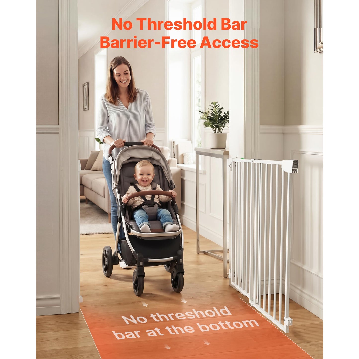 Adjustable Baby Gate for Stairs and Doorways, No Bottom Bar, One-Hand Operation, Easy Installation, White