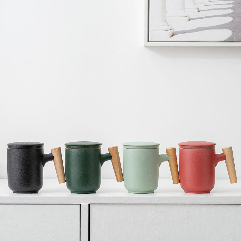 Ceramic Frosted Mug with Wooden Handle - Household Office Drinkware Set