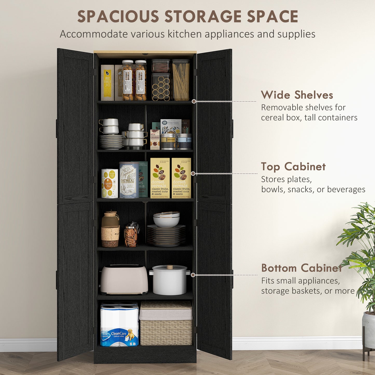 Freestanding Kitchen Pantry Cabinet with Adjustable Shelves - Distressed Black