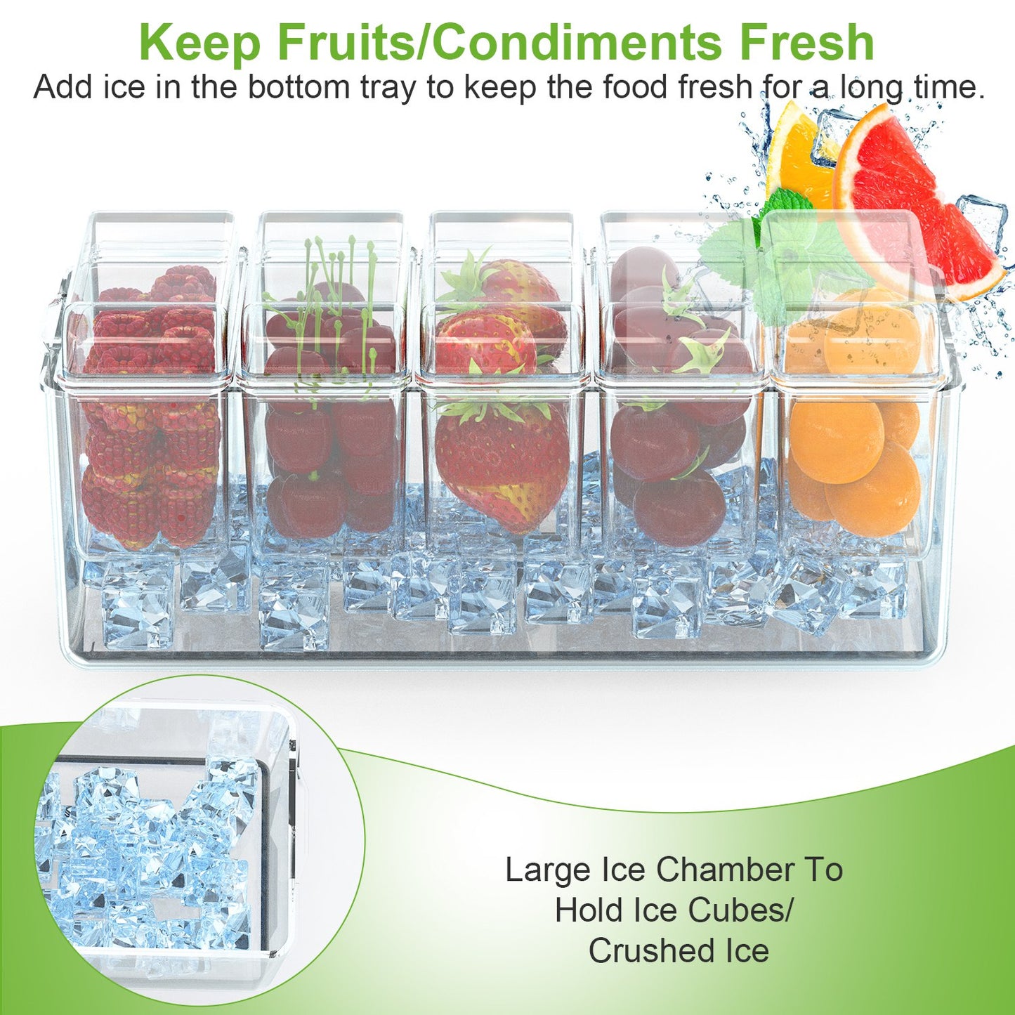 Ice Chilled Condiment Caddy with 5 Removable Food Trays & Tongs