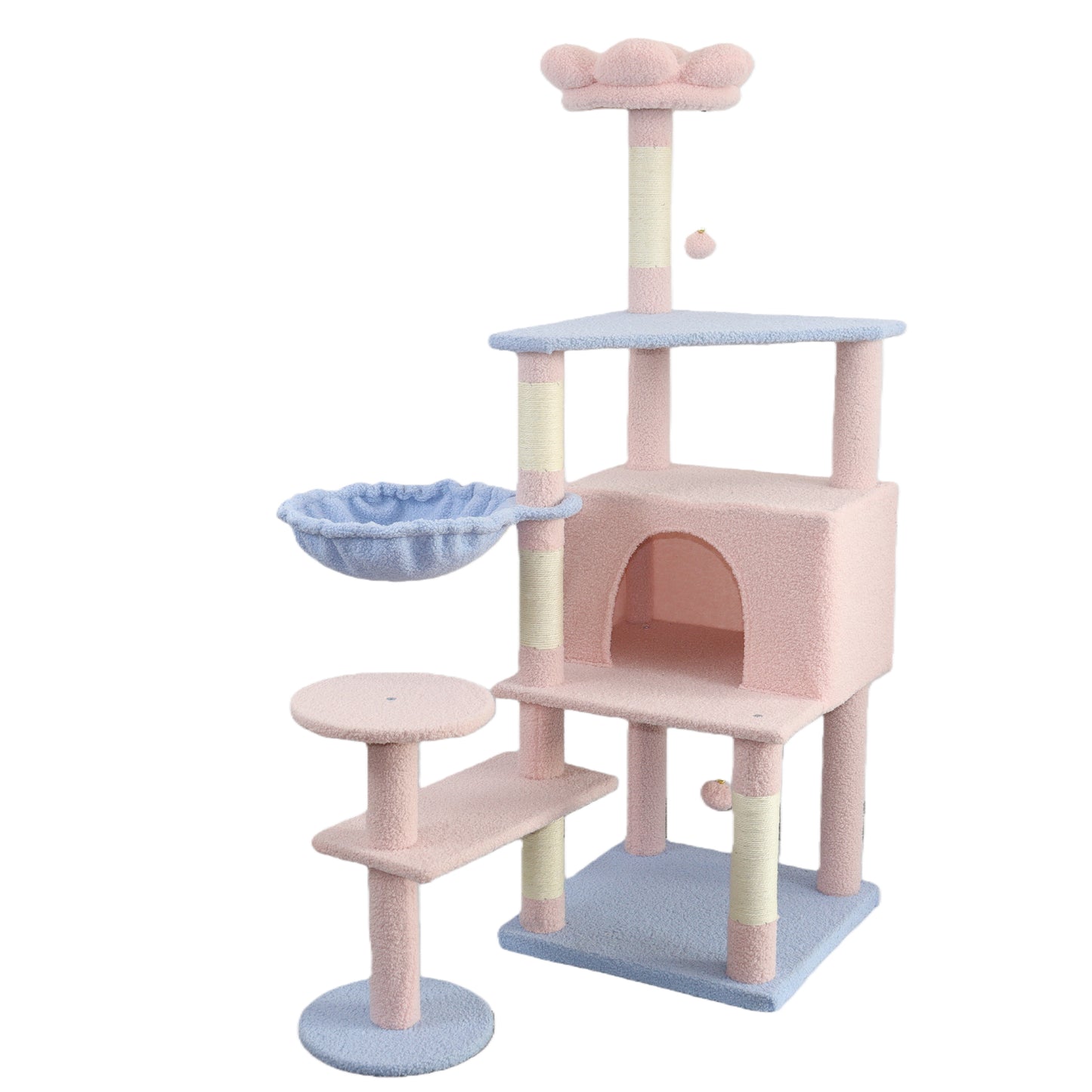 Pink Flower Cat Tree with Large Condo, Removable Cushion & Hammock - 56 Inch Tall