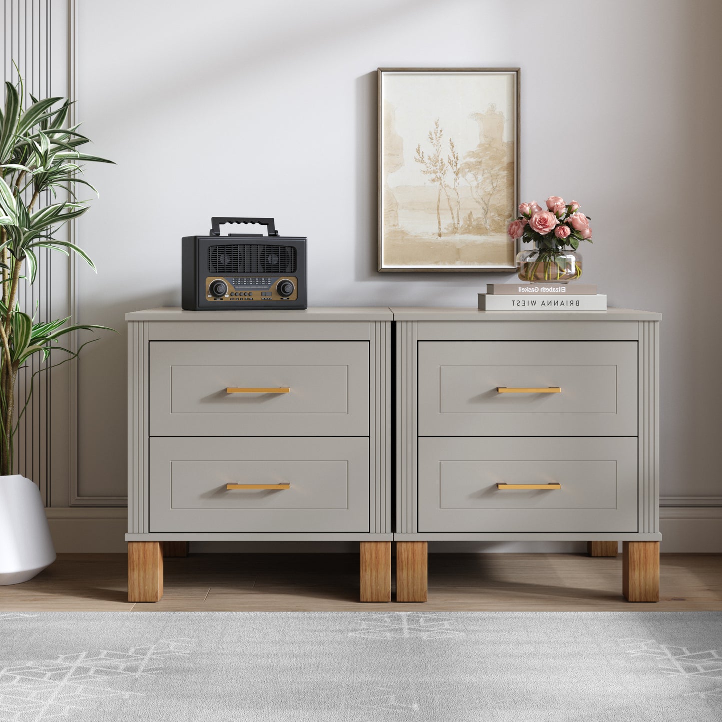 2 Drawer Nightstand with Elegant Fluted Design - Gray